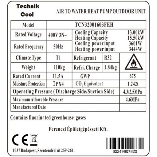TECHNIK COOL PRO SPLIT LEVEGŐ-VÍZ HŐSZIVATTYÚ, 16 KW, 3 FÁZISÚ, 400V